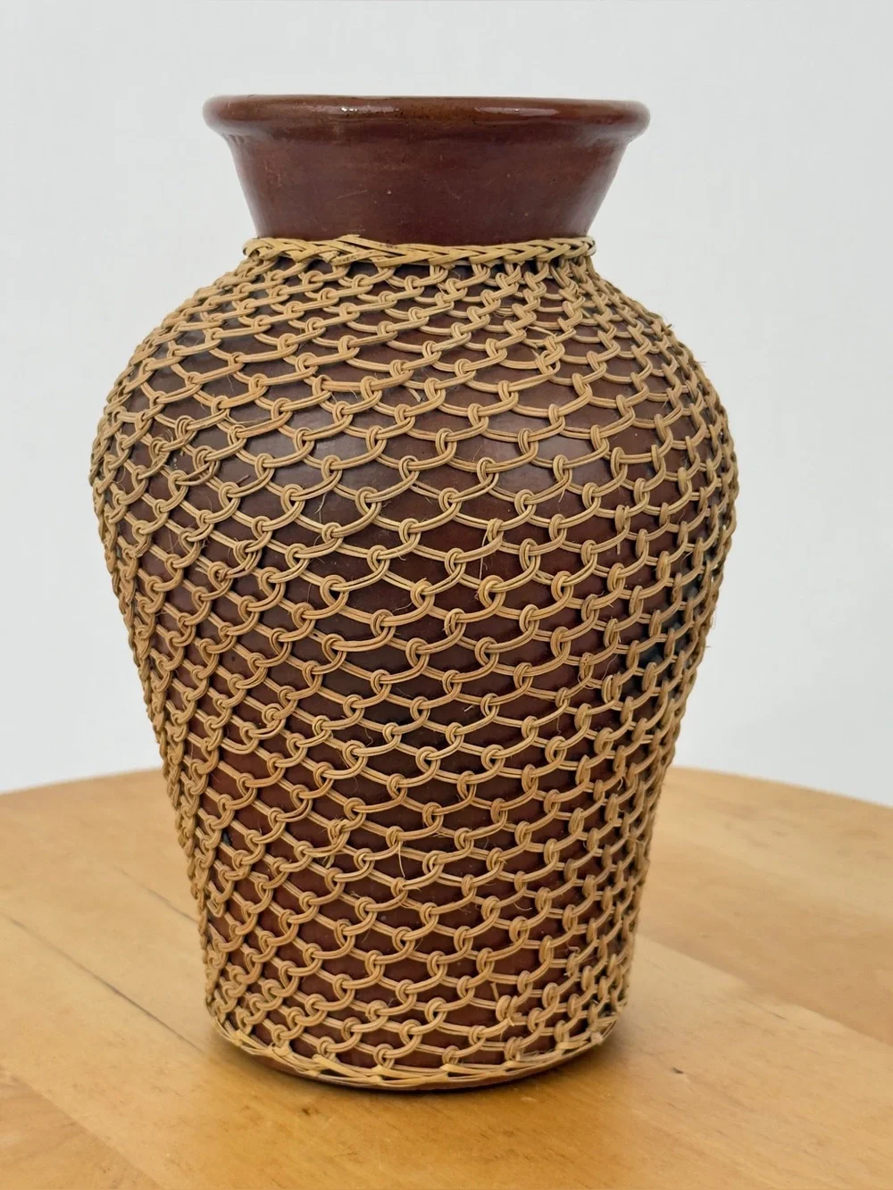 Vintage Woven Wicker Overlay/ Rattan Netted Red Clay Pottery Vase